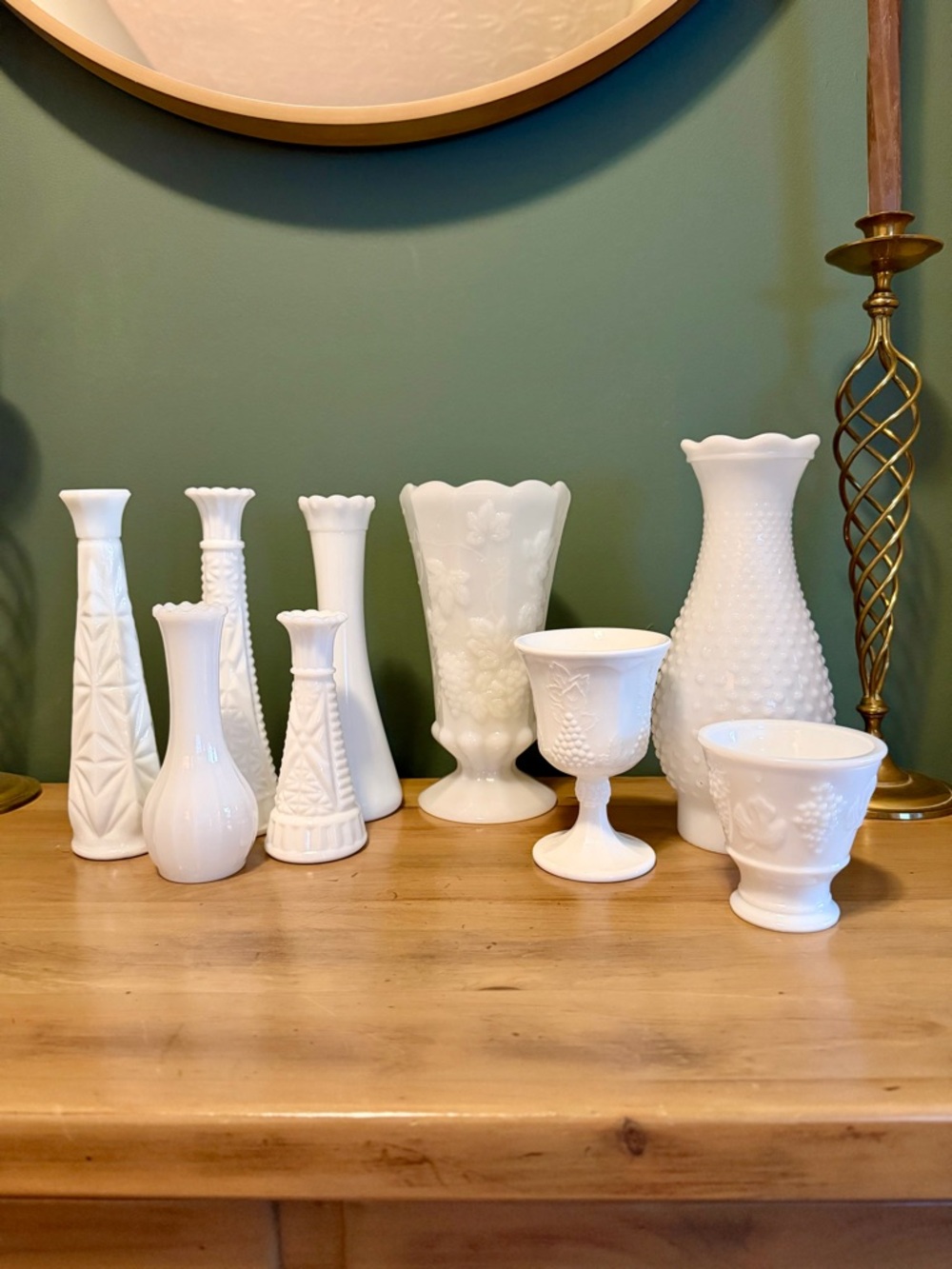 Vintage Milk Glass Lot Vases + Goblets Hobnail Grapes Wedding Decor - Picture 1 of 15